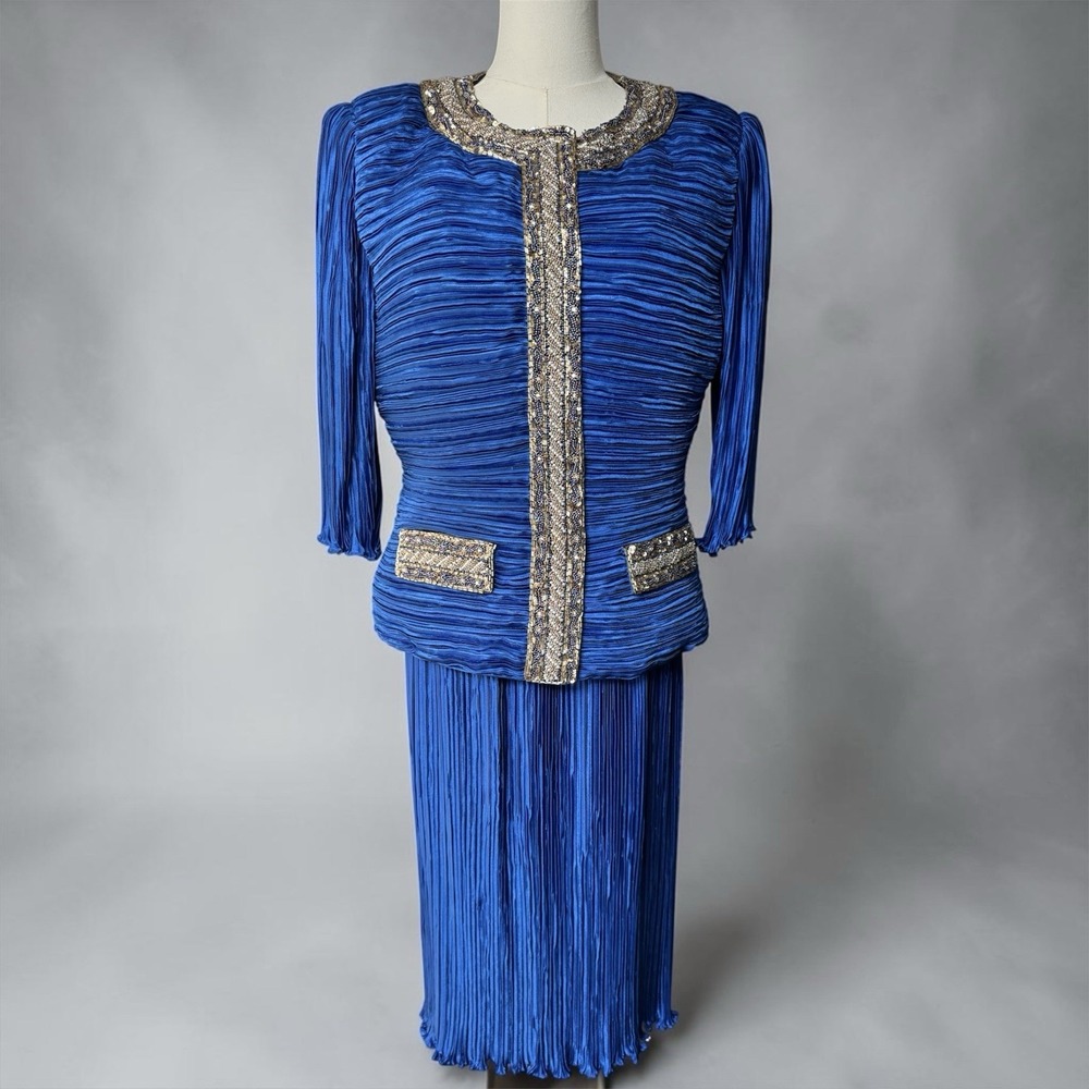 Vintage Royal Blue Beaded Pleated 2 Piece Skirt Suit Mother of the Bride Size 14